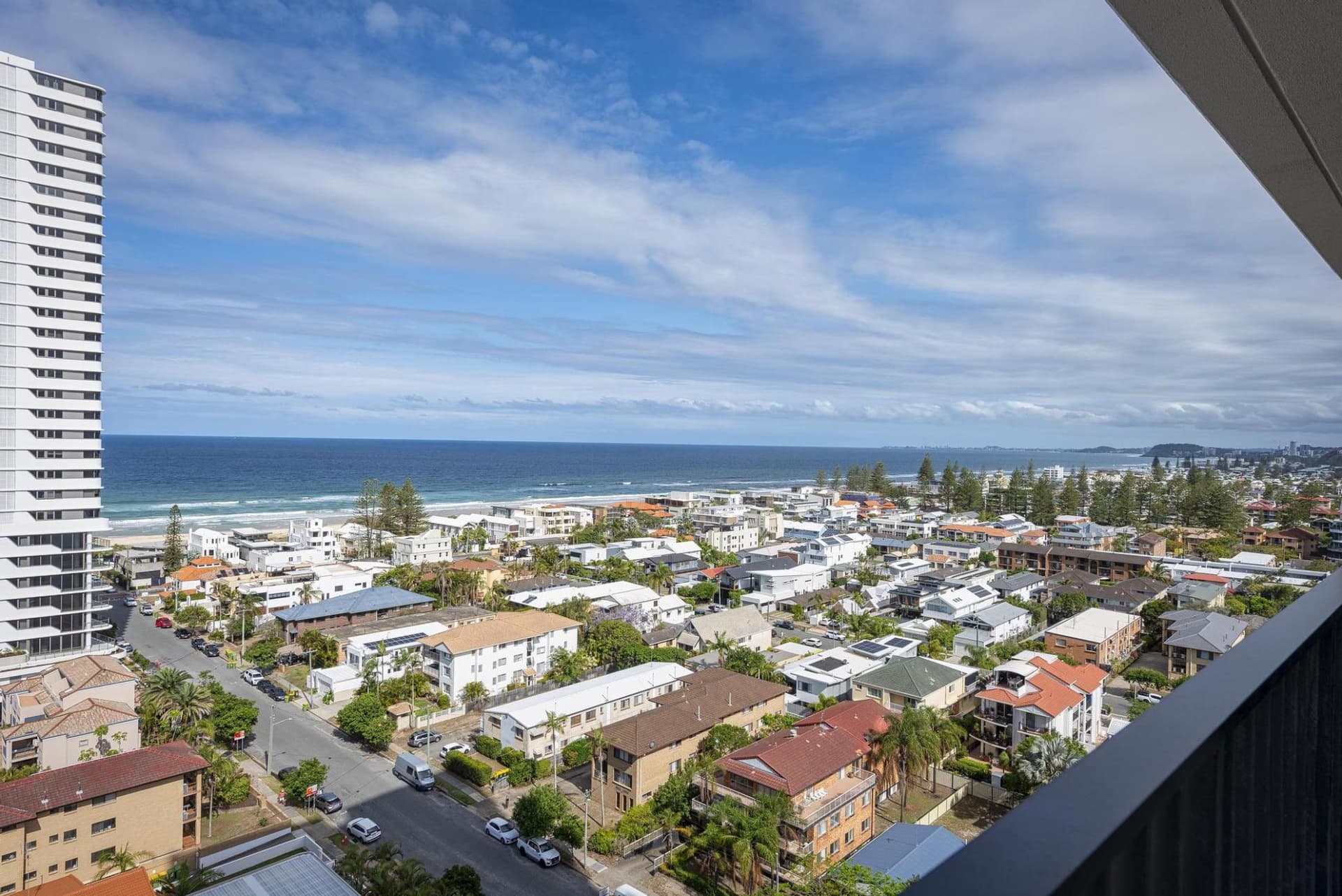 View over Mermaid Beach from the balcony at 1303/43 Peerless Avenue, photographed for a property listing